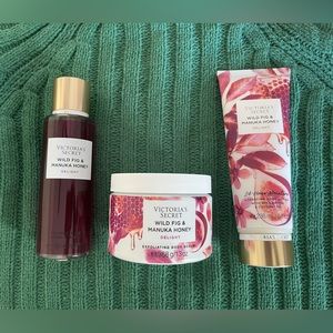 Victorias secret Wild Fig and Manuka Honey body mist, wash, and scrub.